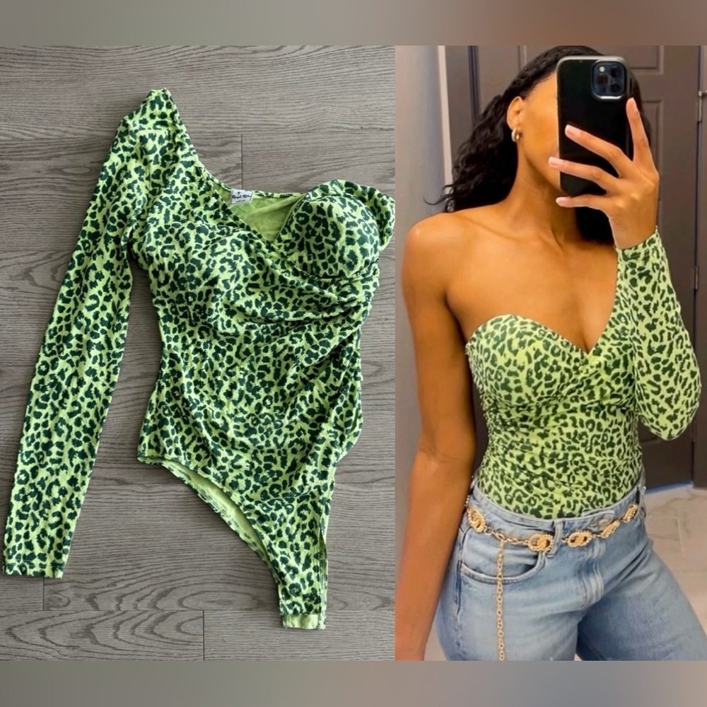 Green Leopard Print One Shoulder Top